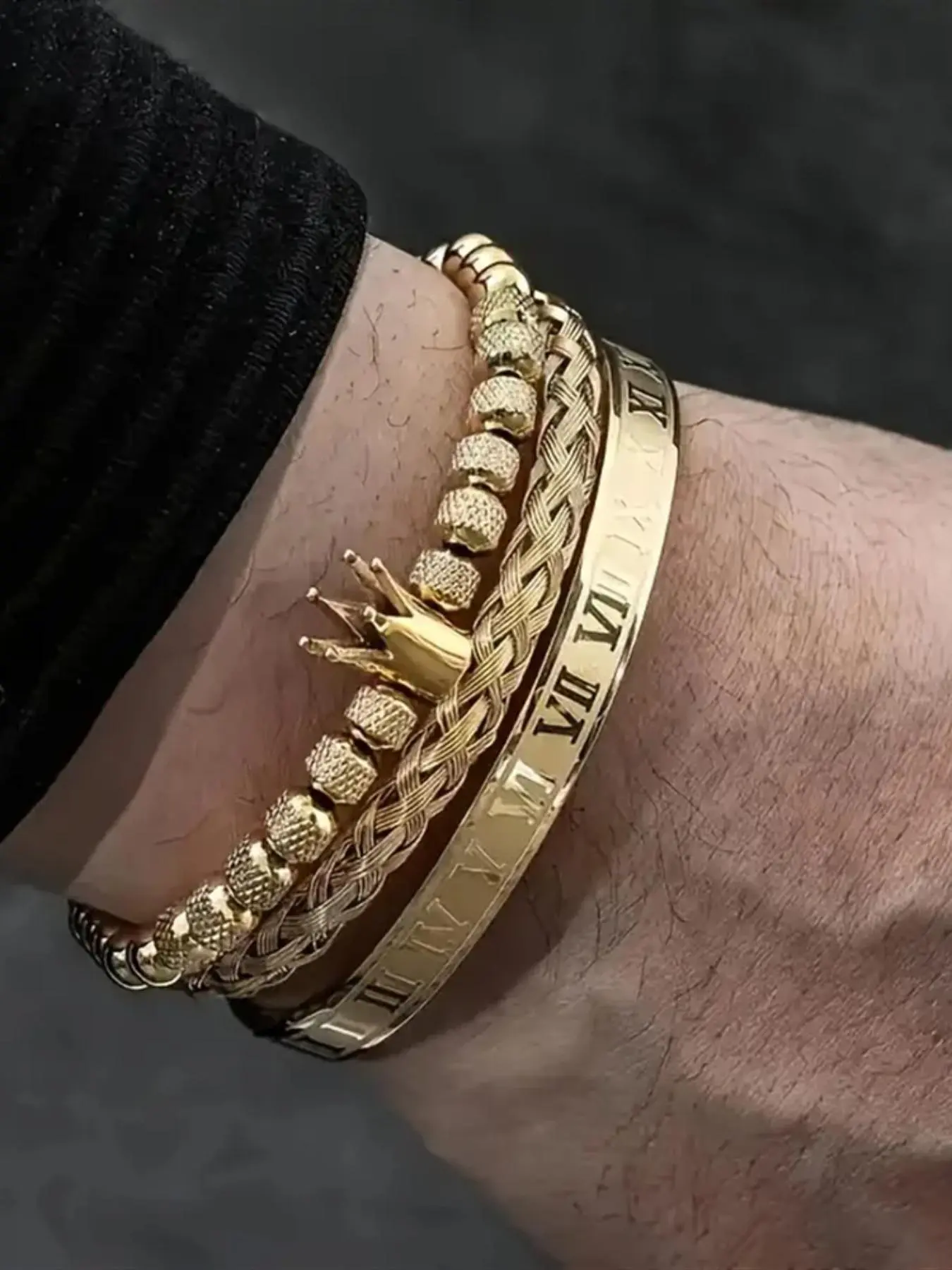 3-Piece Men's Layered Bracelet Set, Roman Numerals & Crown Pendants, Adjustable Clasp Design, Trendy Streetwear Accessory