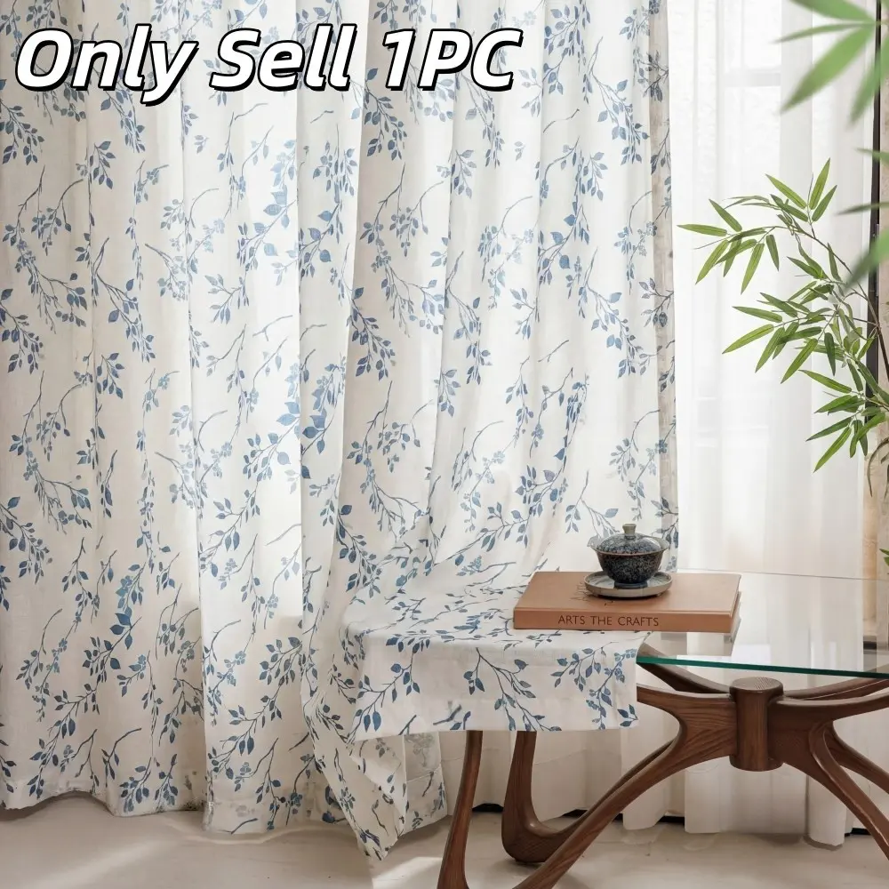 1pc Mimosa Leaf Print Curtain, American Style Semi-Transparent Sheer Curtain, No Drilling Required, Privacy Screen