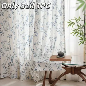 1pc Mimosa Leaf Print Curtain, American Style Semi-Transparent Sheer Curtain, No Drilling Required, Privacy Screen