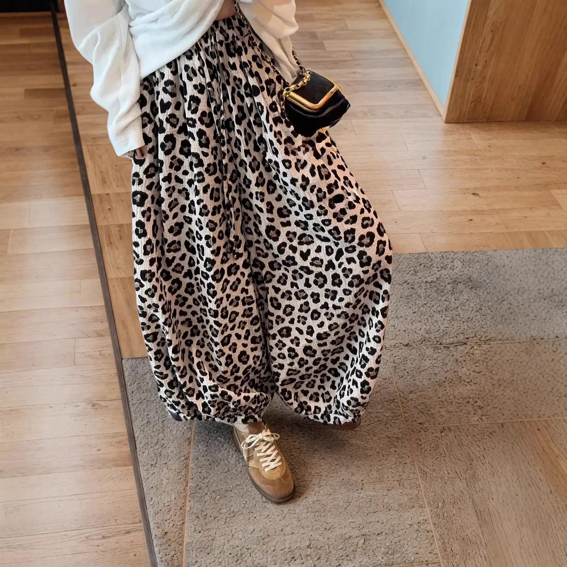 Women's Leopard Print Joggers, High Waisted Elastic Drawstring Casual Pants, Fall Athleisure Style Bottoms, Bottom, Casual Outings