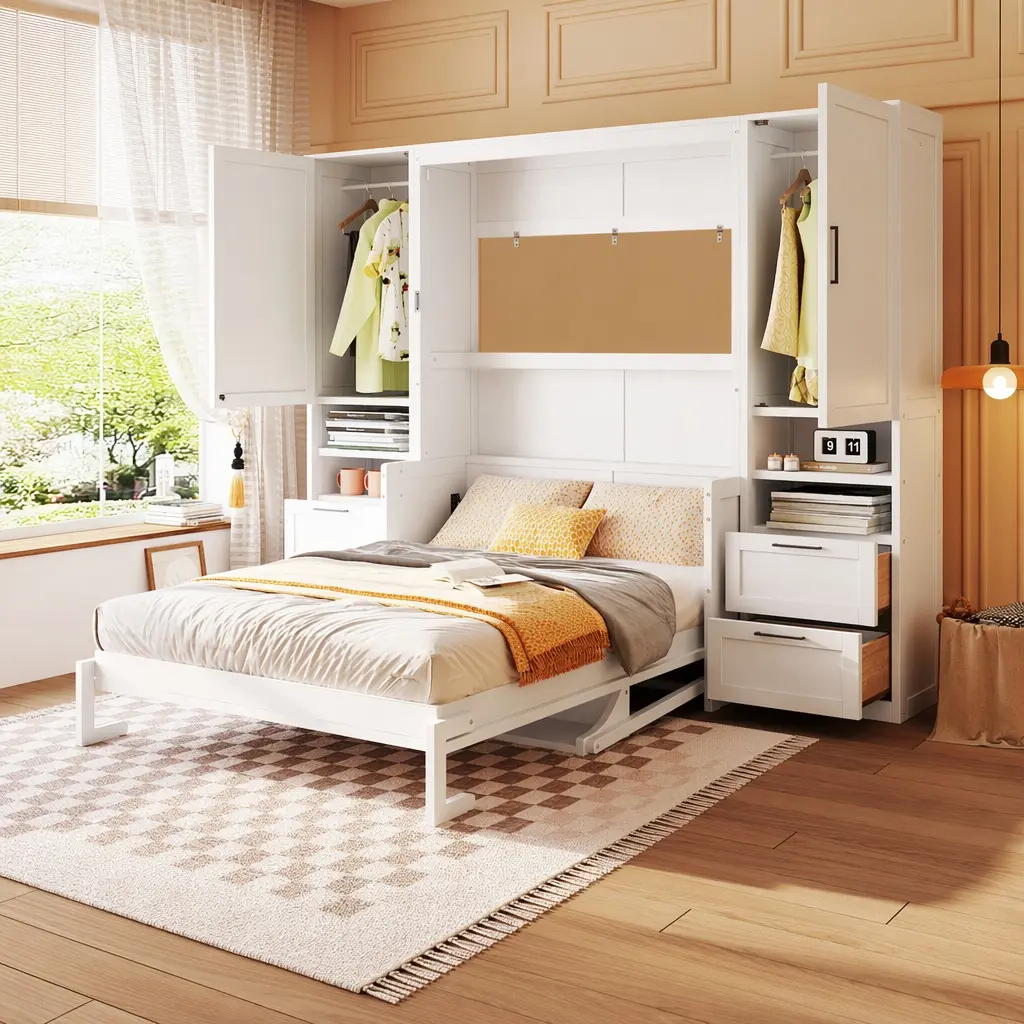 ARCH Full Size Murphy Wall Bed with Closet, Drawers & Shelves - White MDF+LVL Storage Cabinet Wardrobe for Adults, Bedroom & Home Office, 107" l x 18" w x 81.8" h, 366.66 lb, Assembly Required, 107X18x81.8 Inches, Combo Item, Durable, Stylish White Cabine