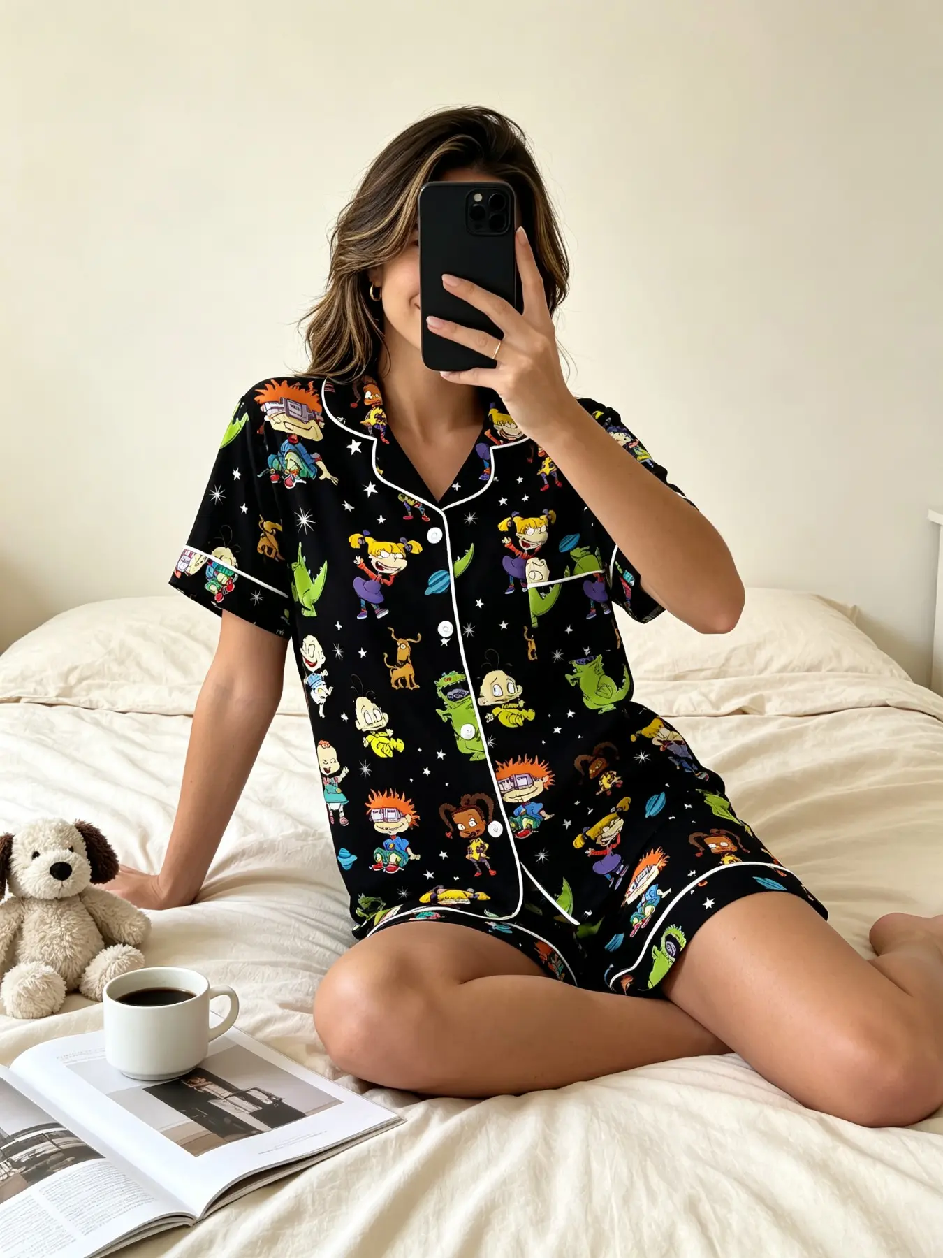 Women's Pajama Set Loungewear, Base Cartoon Print, Fitted Style, All-Season Wear, Soft Fabric, Elastic Waist, Ideal for Home & Daily Use