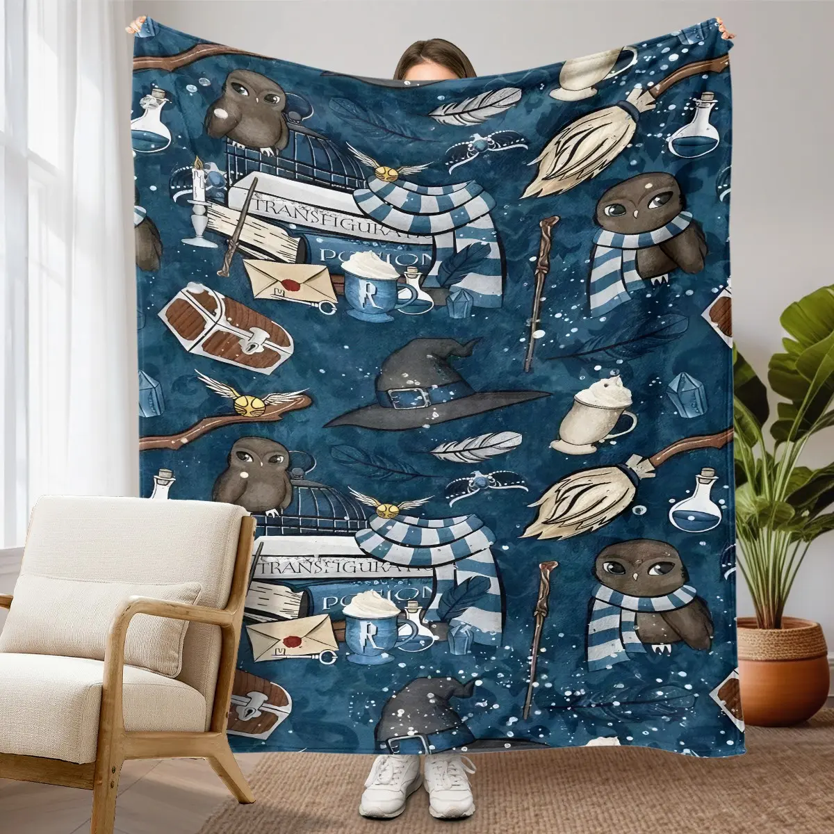 1PC Harry Potter Magic Academy Themed Fleece Throw Blanket, Owl Wizard Hat Broom Vintage All Over Print Pattern, Soft Cozy Warm Blanket for Sofa Bed Office Camping, Ideal Gift for Magic Fans on Birthday & Christmas