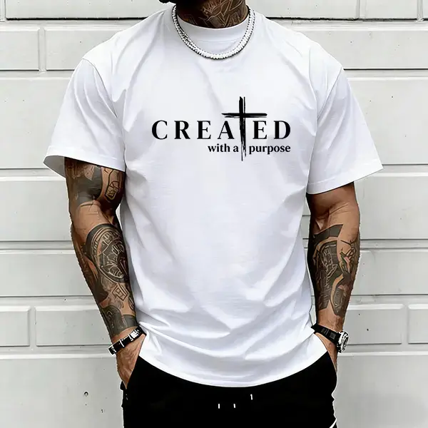 Men's Short-Sleeve Christian Graphic T-Shirt - "Created with a Purpose" Cross Faith Quote Print, Round Neck Menswear Top, Casual for Church Outfits, Shortsleeve, Tshirt, All-Over Print, Machine Wash, Pure Cotton