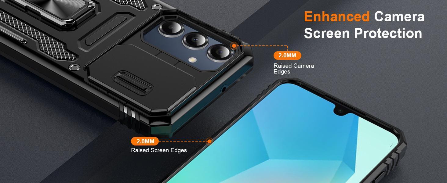 for Samsung Galaxy A16 5G Case with Slide Camera Cover + Screen Protector(2 Packs), Rotated Ring Kickstand Military Grade Shockproof Protective Cover for Samsung Galaxy A16 5G (Black)