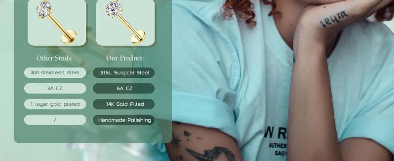 LOLIAS 9Pcs 14K Gold Filled Threadless Nose Studs CZ Nose Rings for Women Men 316L Surgical Steel Labret Studs Lip Rings Push in Flat Back Stud Earrings CZ Nose Nostril Tragus Helix Piercing Jewelry Hypoallergenic 20G 18G 16G