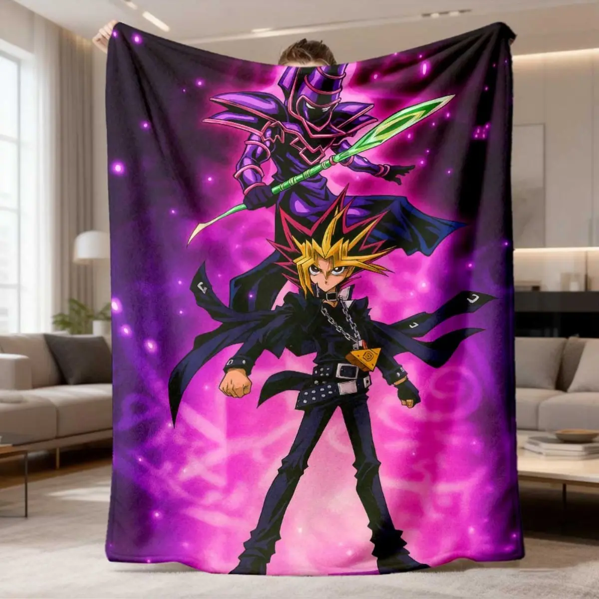 Yugi Muto Millennium Puzzle Dark Magician Duel Monster Flannel Throw Blanket, Soft Wrinkle-Free Cotton Fabric, Retro Look Indoor Bedroom Decor Gift