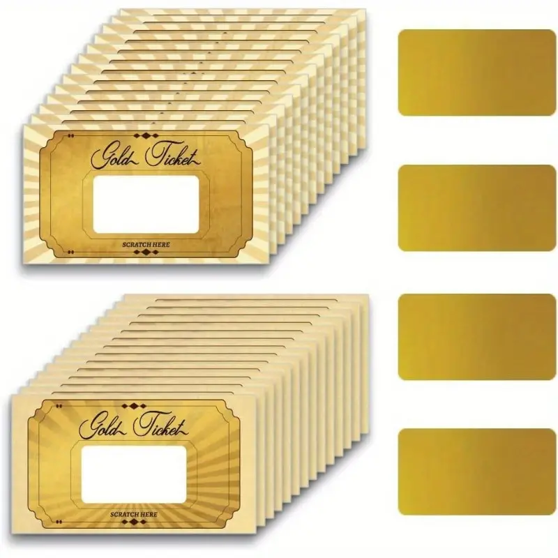 200pcs Golden Ticket Scratch Off Cards Stickers Blank Gift Certificates Scratch Cards Scratch Off Tickets Coupon Cards for Small Business Holiday Party Supply
