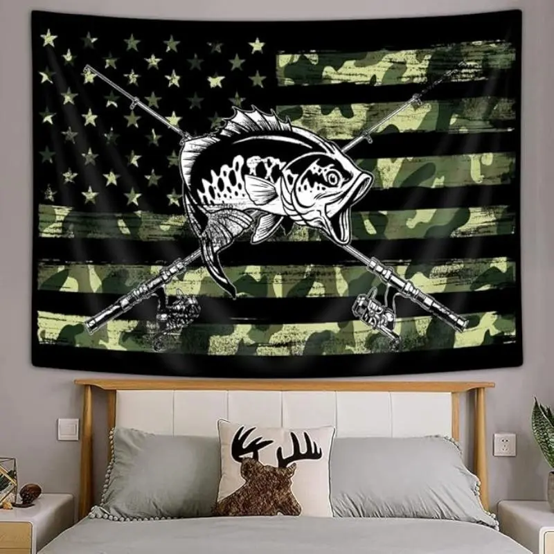 American Flag Fishing Tapestry, Rustic Hunting Bass Fish Camo Lake Black and Green Print Tapestry Wall Hanging for Men Bedroom, Cabin Tapestries Decor Y2K Indie Room Decor Wall Tapestry