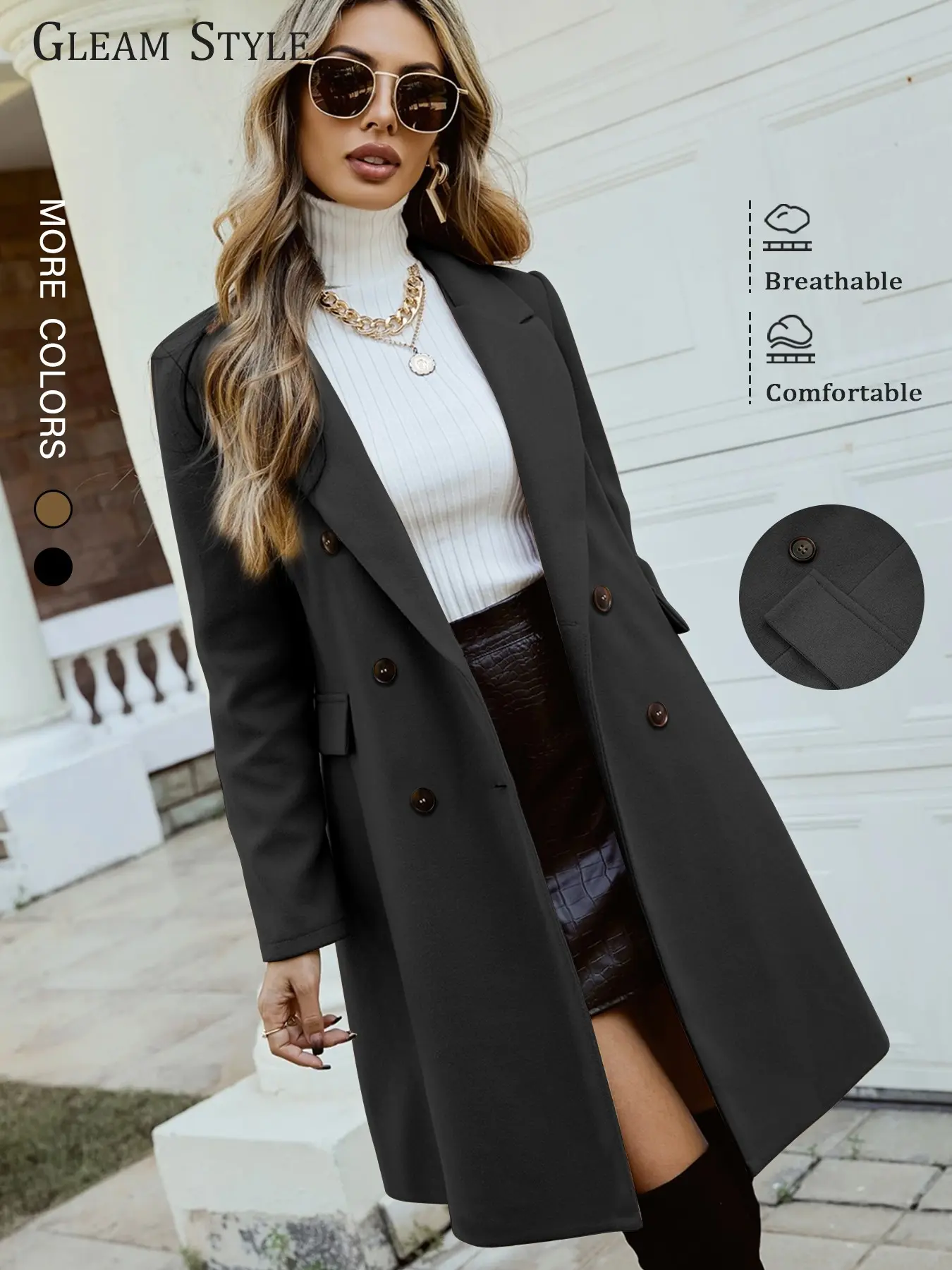 Women's Shoulder Pad Medium-Length Twin-Buckle Waistcoat Vintage Long Sleeve Wool Coat for Winter, Elegant and Warm Outerwear