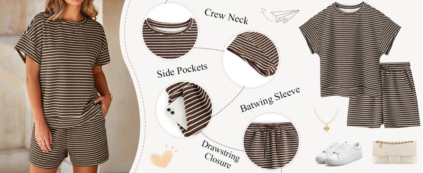 Aoysky Womens Striped 2 Piece Lounge Sets Short Sleeve Oversized T Shirts Drawstring Shorts Matching Set