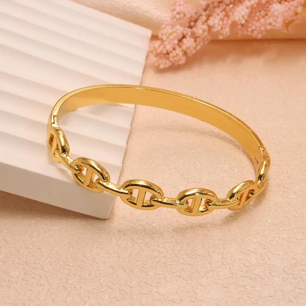 Stainless Steel Snap-on Bangles Women Gold Color D Chain Bangles Fashion Jewellery Accessories Gifts 60mm Button Bracelets