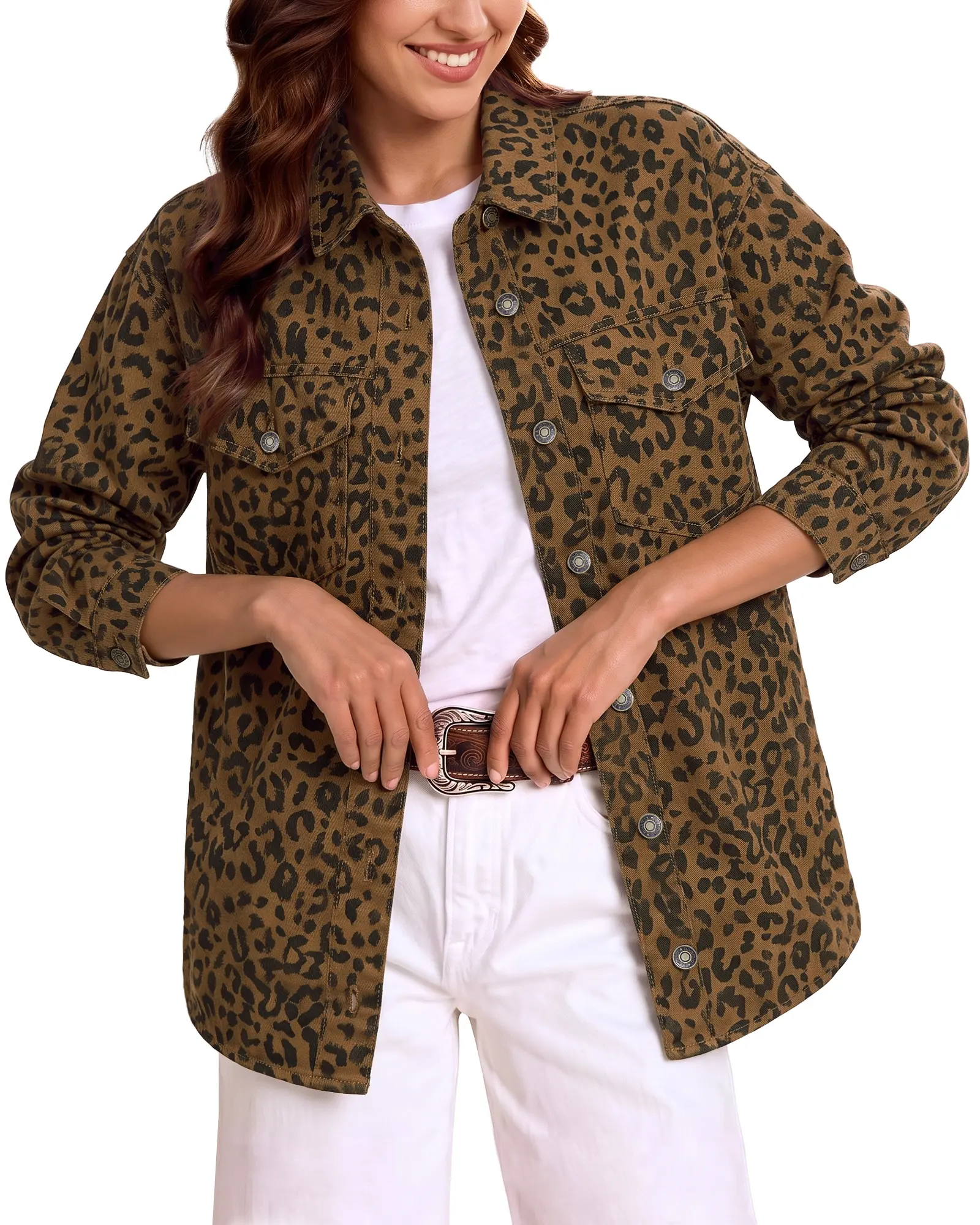 luvamia Oversize Leopard Jean Jacket Women Cheetah Print Button Down Denim Jacket | Long Sleeve, Leopard Jacket, Animal Print, Easy Layering, Cowgirl Outfits For Women, Western Style Inspired Jackets