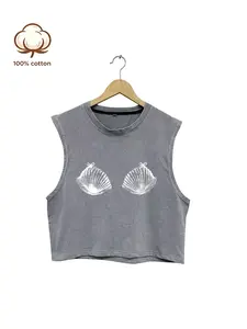 Summer New Cotton Round Neck Loose Fit Casual Tank Top, Soft Comfortable Short Sleeveless Vest, Beach Ocean Shell Pattern, All Seasons