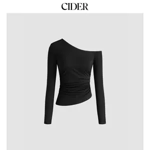 Cider [2 colors, size 2-10] Asymmetrical Neck Solid Ruched Long Sleeve Top Dealsforyou