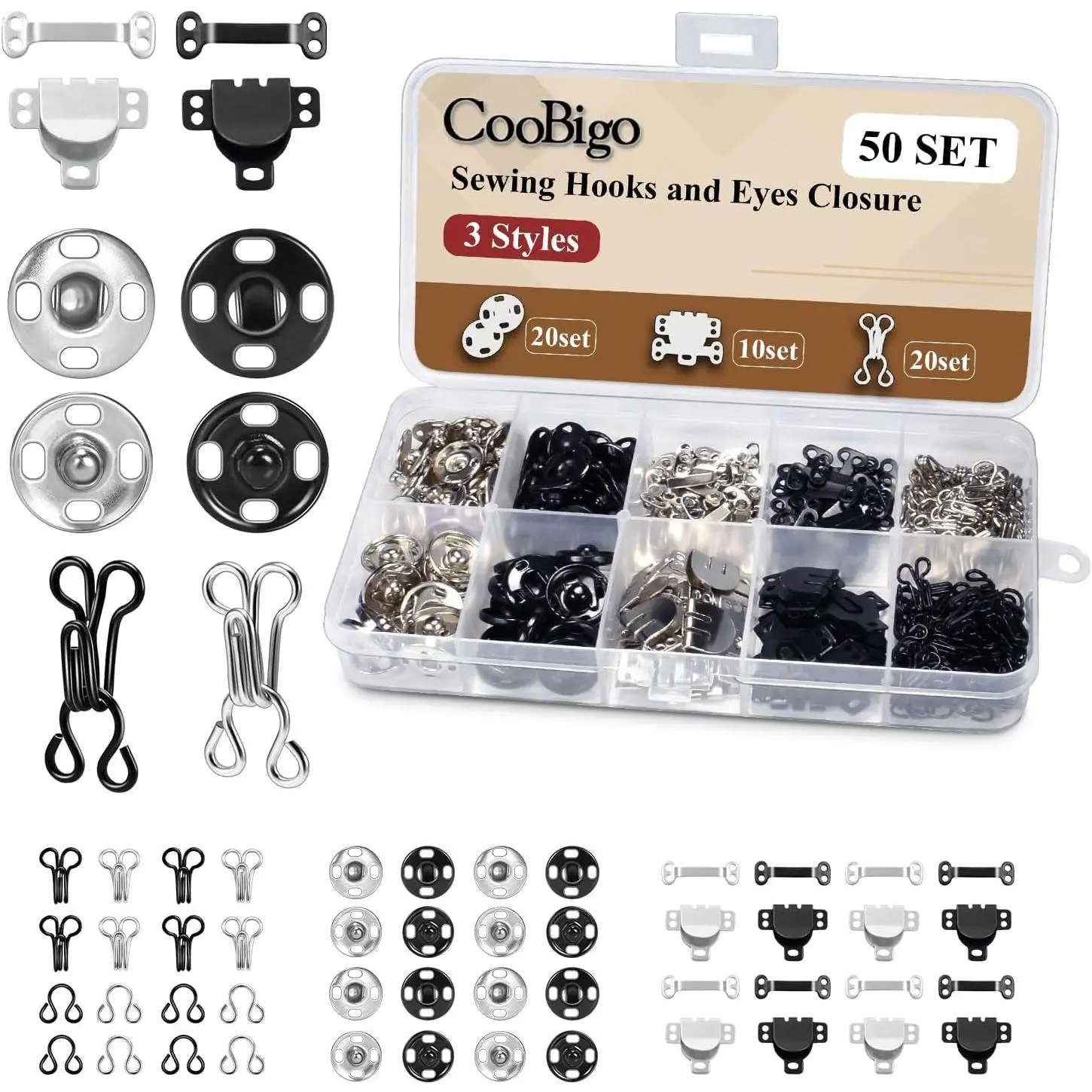3 Styles Sewing Fasteners Kit, Hook & Eye Snap Button Set, Bra Skirt Hooks Eyes Latches for Clothing Sewing Closures
