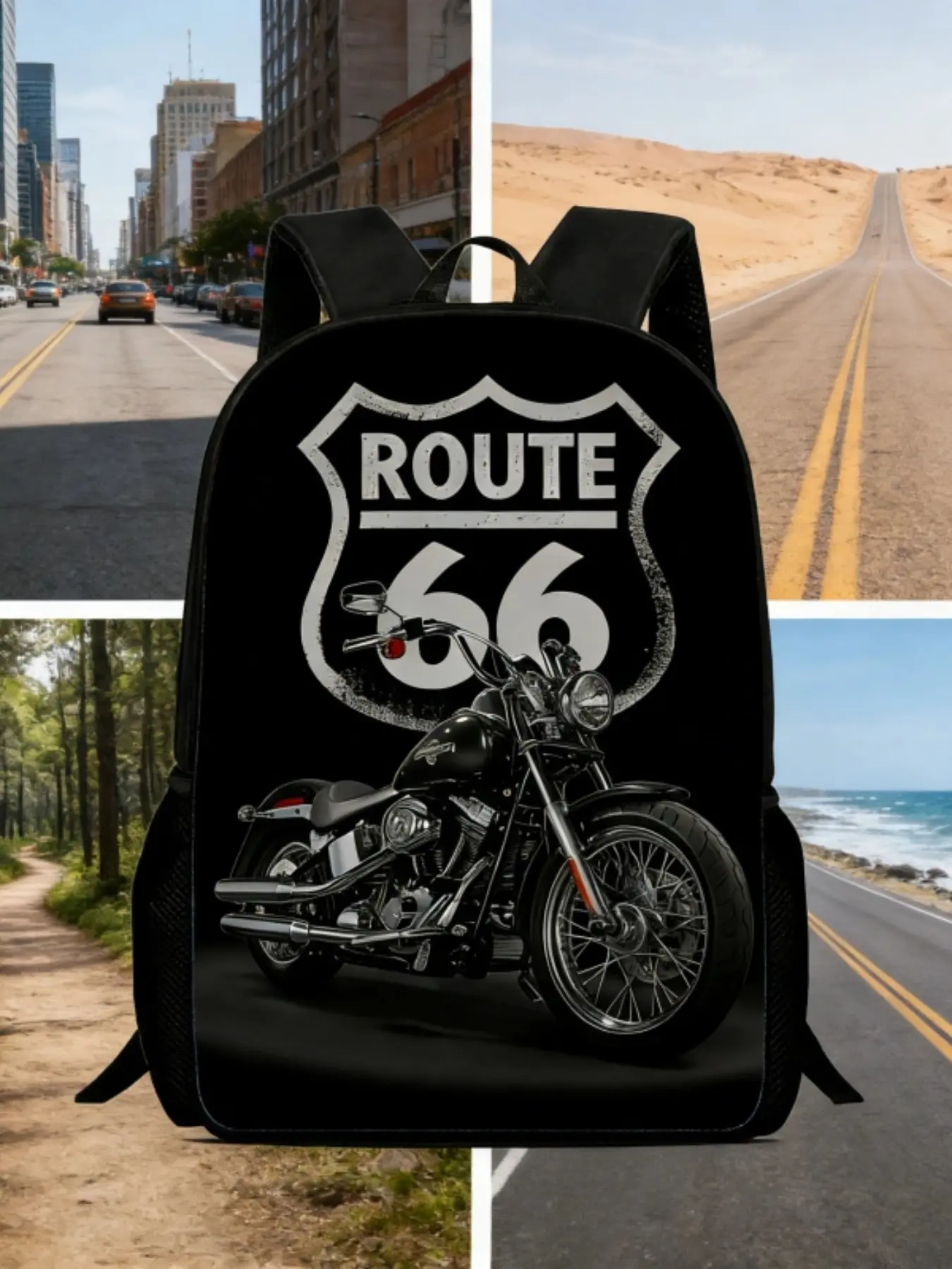 66 Highway Motorcycle Print Backpack, Large Capacity Casual Daily Use Bag, Stylish and Functional Shoulder Bag for Men and Women