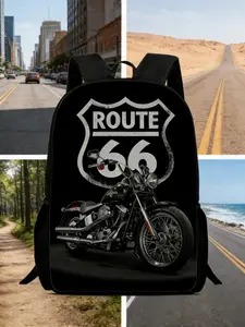 66 Highway Motorcycle Print Backpack, Large Capacity Casual Daily Use Bag, Stylish and Functional Shoulder Bag for Men and Women