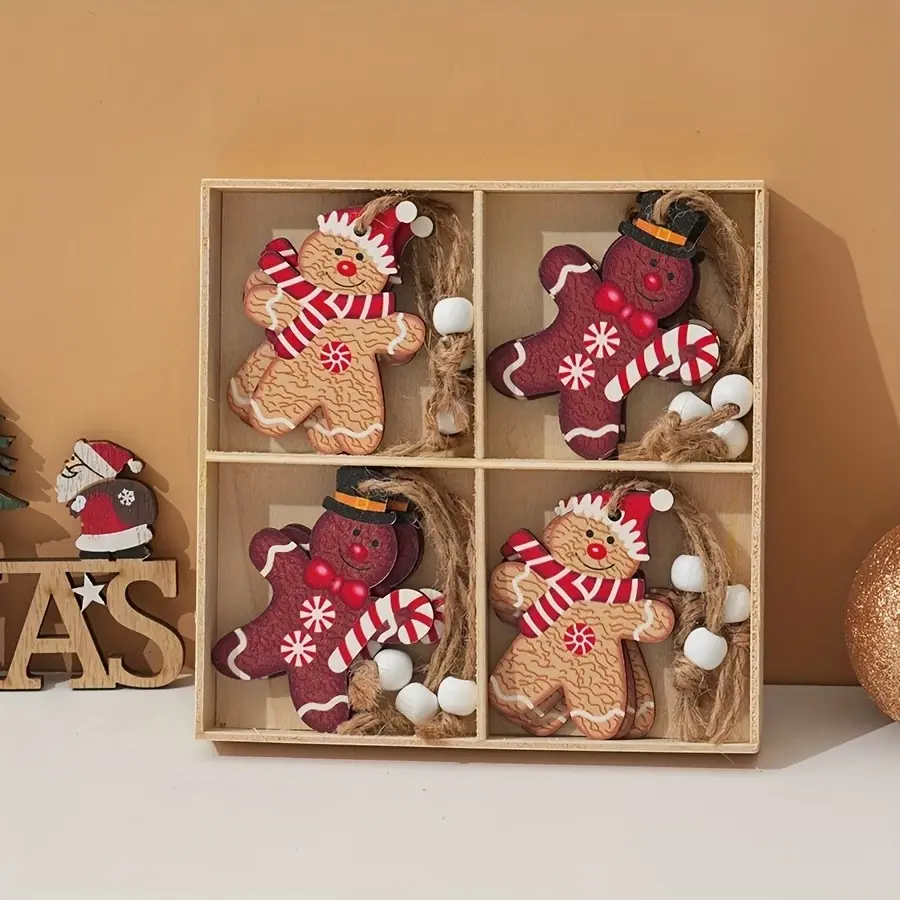 A Box of 12pcs Christmas Decorations, Cartoon Wooden Gingerbread Ornaments, Christmas Tree Hanging Decorations for Man Couples
