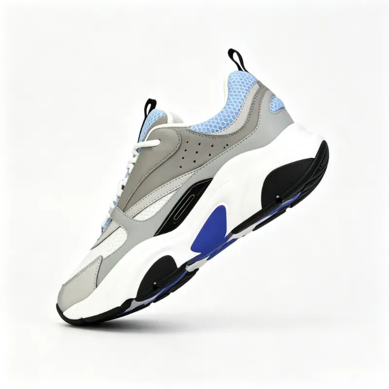 Men Grey White Blue Mesh Patchwork Chunky Dad Sneakers, Lace Up Thick Cushioned Platform Walking Trainers, Breathable Retro Colorblock Streetwear Casual Shoes For Daily Commute Travel