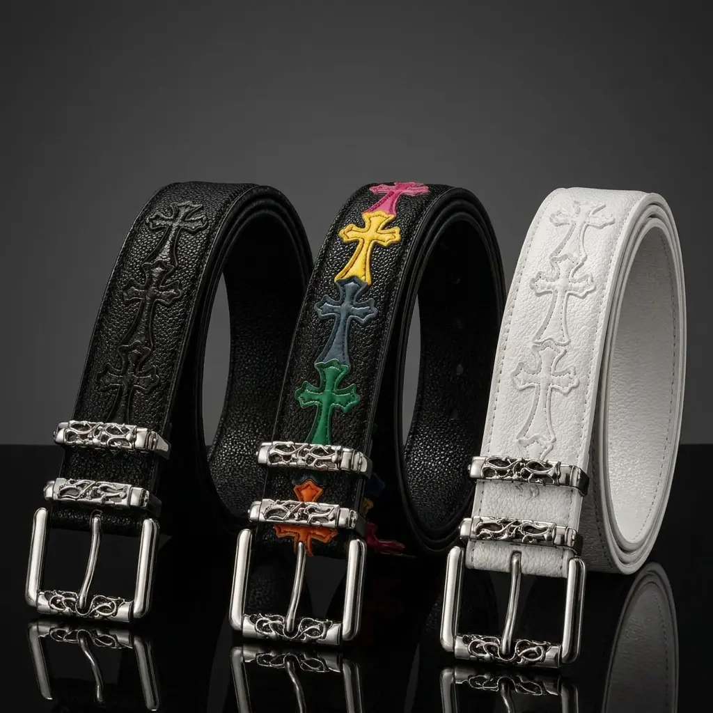 Unisex Multicolor Cross Belt, Vintage Pebbled Print Statement Belt with Roller Buckle for Denim Streetwear