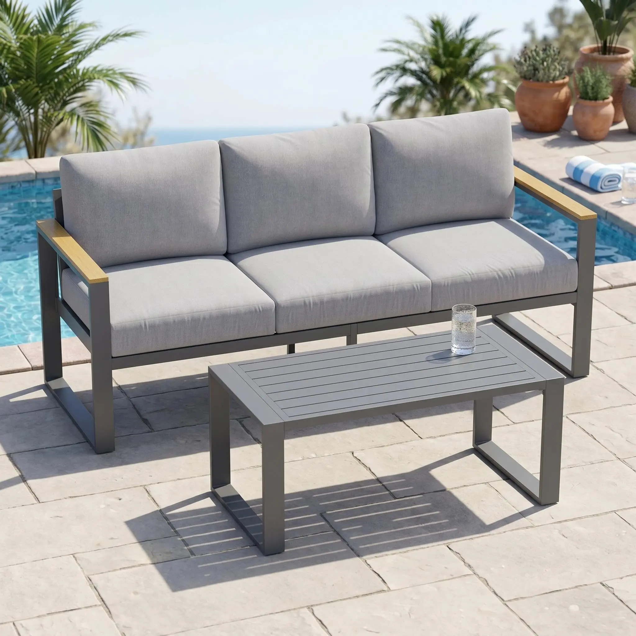 Gray Aluminum Frame Patio Furniture Set - 1 Pcs 3-Seat Rectangular Outdoor Sofa with Washable Thick Cushion and Coffee Table for Balcony, Garden, Patio Furniture Sets