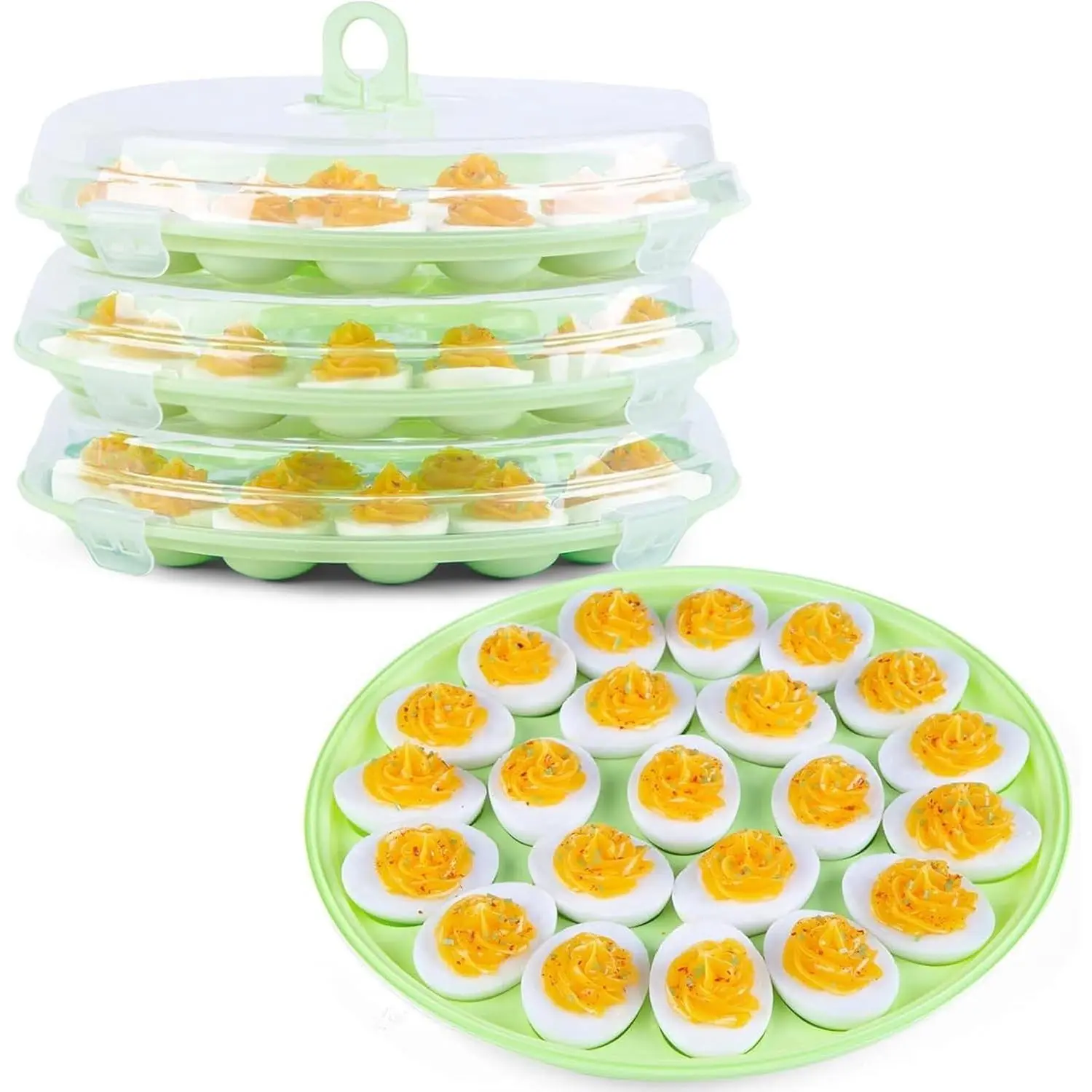 Deviled Egg Containers with Lid, 3PCS Deviled Egg Platter Carrier Holder Trays with 66 Slots for Party and Home Kitchen, Green