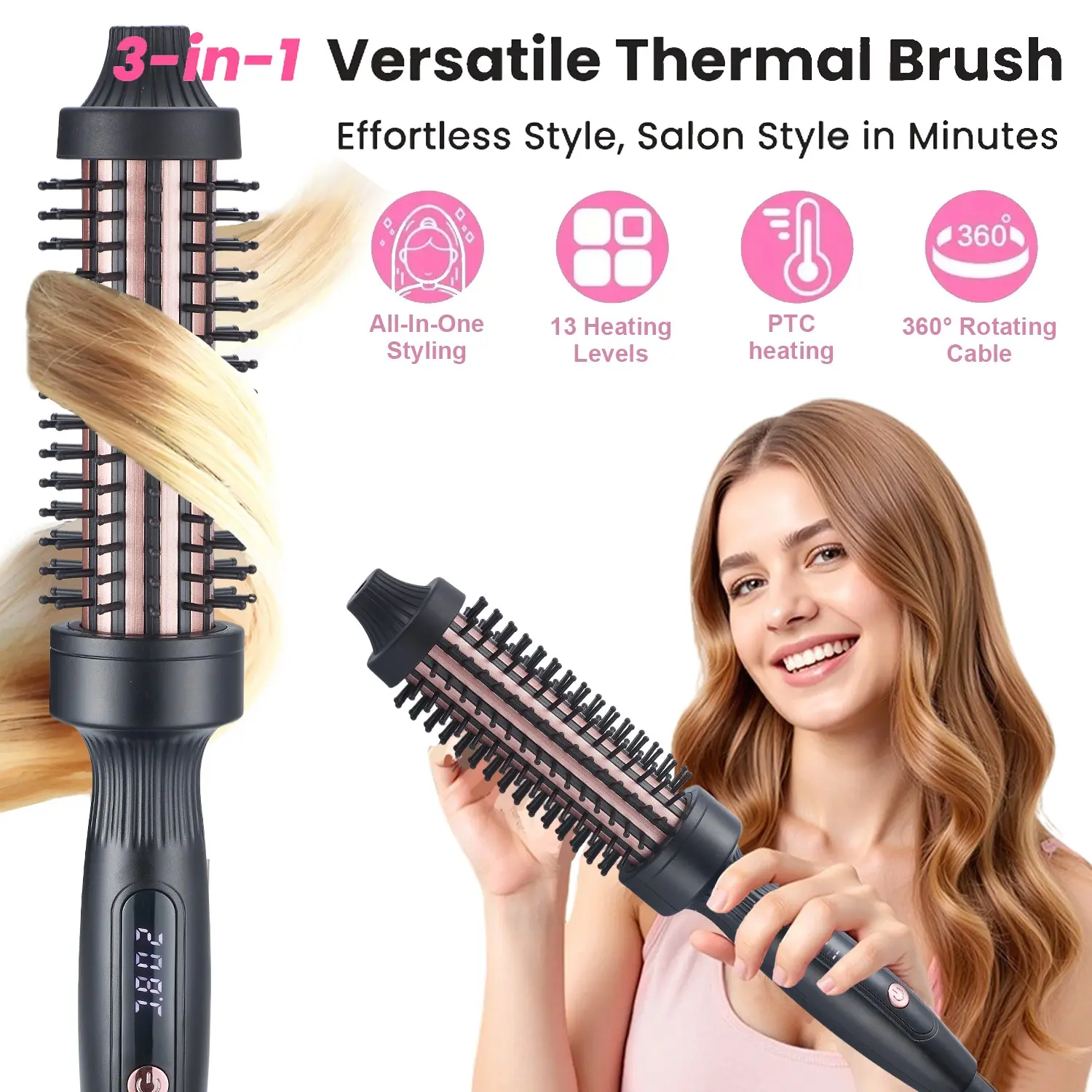 Heating Curling Comb, 32mm Professional Hair Brush, Hair Styling Tool, Curly Hair Tool, Hair Curler Brush, Multi Functional Styler, Adjustable Temperature, Dual Voltage, Travel-Friendly, Perfect Gift for Women