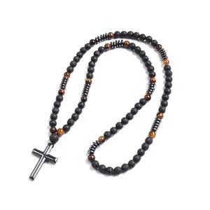 Unisex Bohemian Cross Rosary Necklace, Matte Black Volcanic-Tiger Eye Beads, Boho Style Jewelry, Cross Motif Accessory for Daily & Sports Outdoor Wear