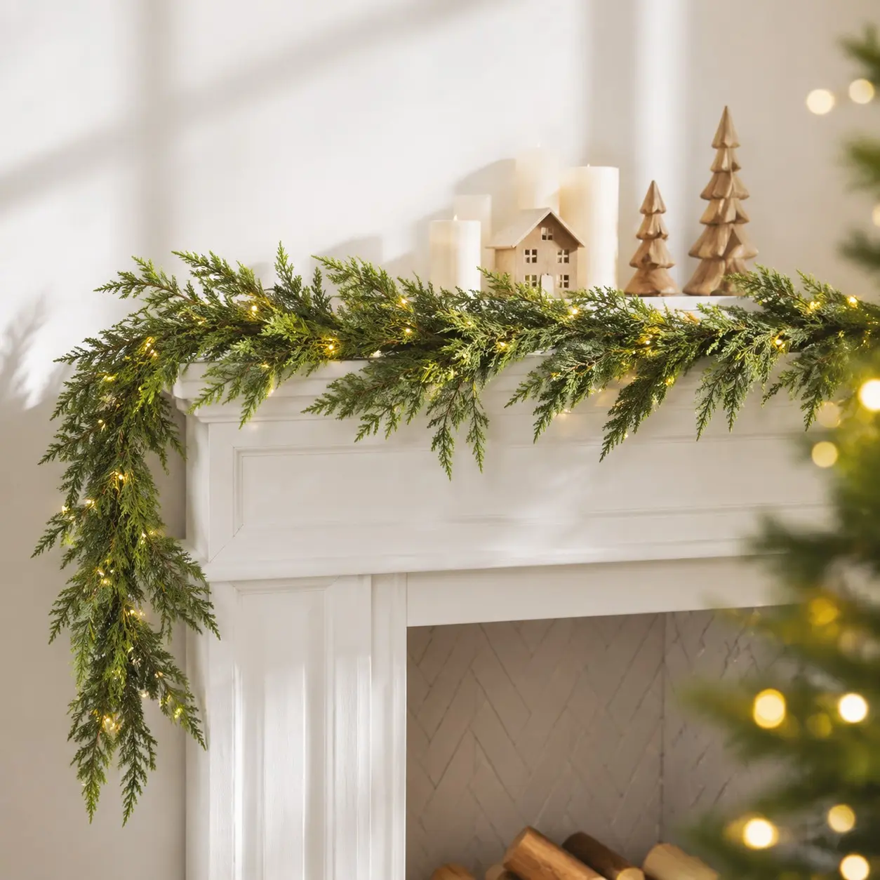 Artificial Cedar Greenery Wreath, Ideal for Fireplace Mantel, Stair Railing, Door Decor, Wedding, Farmhouse Style, Reusable, Fade-Resistant