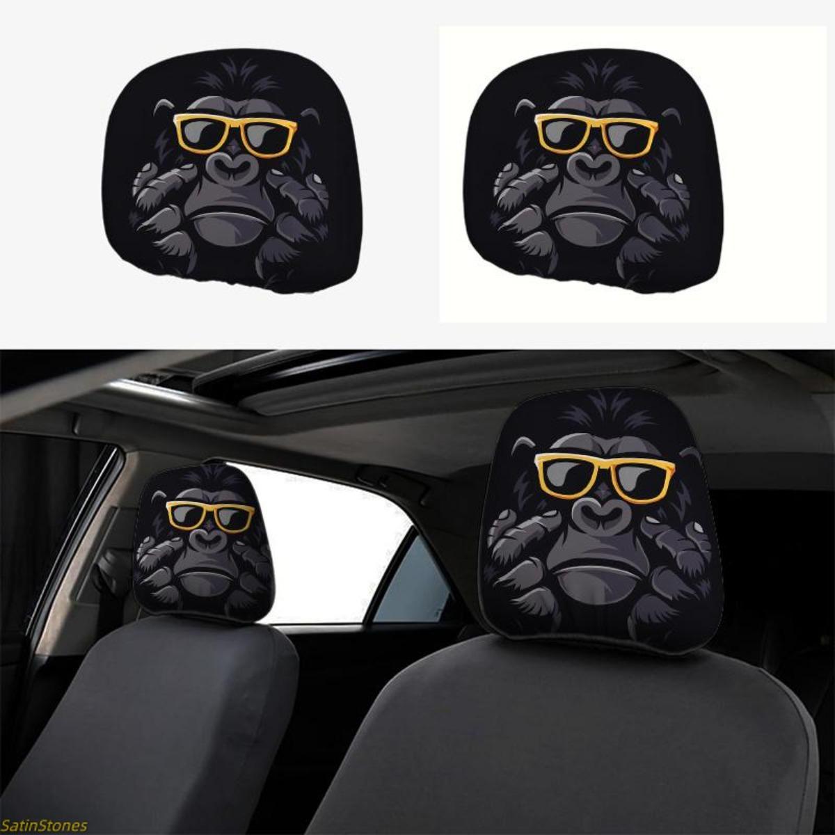 2 Pack Gorilla Headrest Covers with Stylish Eyeglasses, Gorilla and Sunglasses Design, Elastic Car Seat Protector, Truck Seat Cushion Protector, Easy to Install