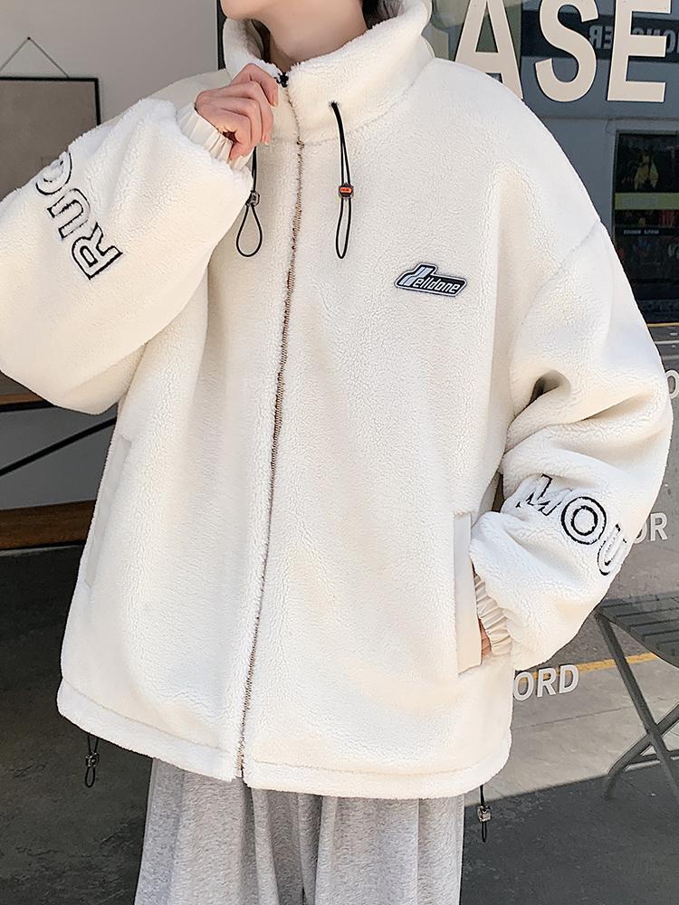 Men's lambskin stand collar embroidered warm jacket Large size loose casual fleece cotton jacket American street style letter embroidery fleece jacket