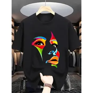 Men'S Summer Fashion Graphic T-Shirt - Short Sleeve, Round Neck, Light Blue With Vibrant Abstract Face Print, Casual Cotton Knit, Machine Washable, Summer Casual Wear |   Vibrant Graphic Tee |   Stretchy Fabric, T Shirt T-Shirt For Men And W