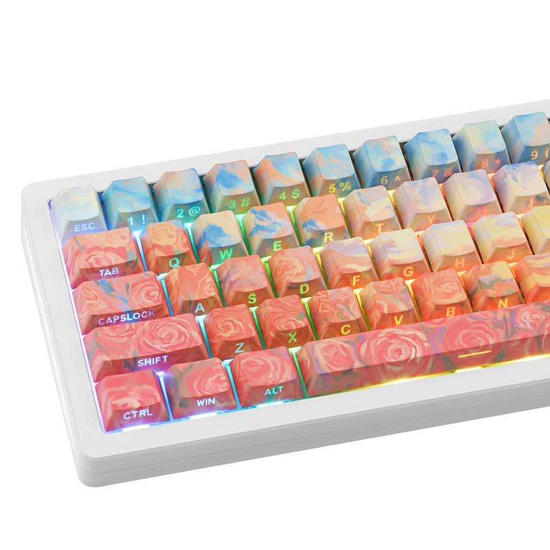 Rose Coast Gradient Oil Painting Style PBT Keycaps Compatible with 61/64/87/104/108 Cherry Switches Side-Engraved Transparent Keycaps Five-Sided Dye-Sublimation Custom Mechanical Keycaps Wear-Resistant Non-Transparent