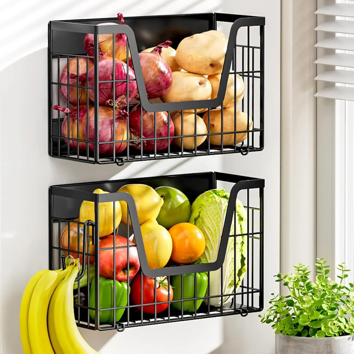 2 Set  Shelf for Fridge,  & Onion Storage Bins,  Fruit Basket for Refrigerator Pantry Kitchen Counter Laundry,  Fridge Organizer  Snacks  Fridge Shelf
