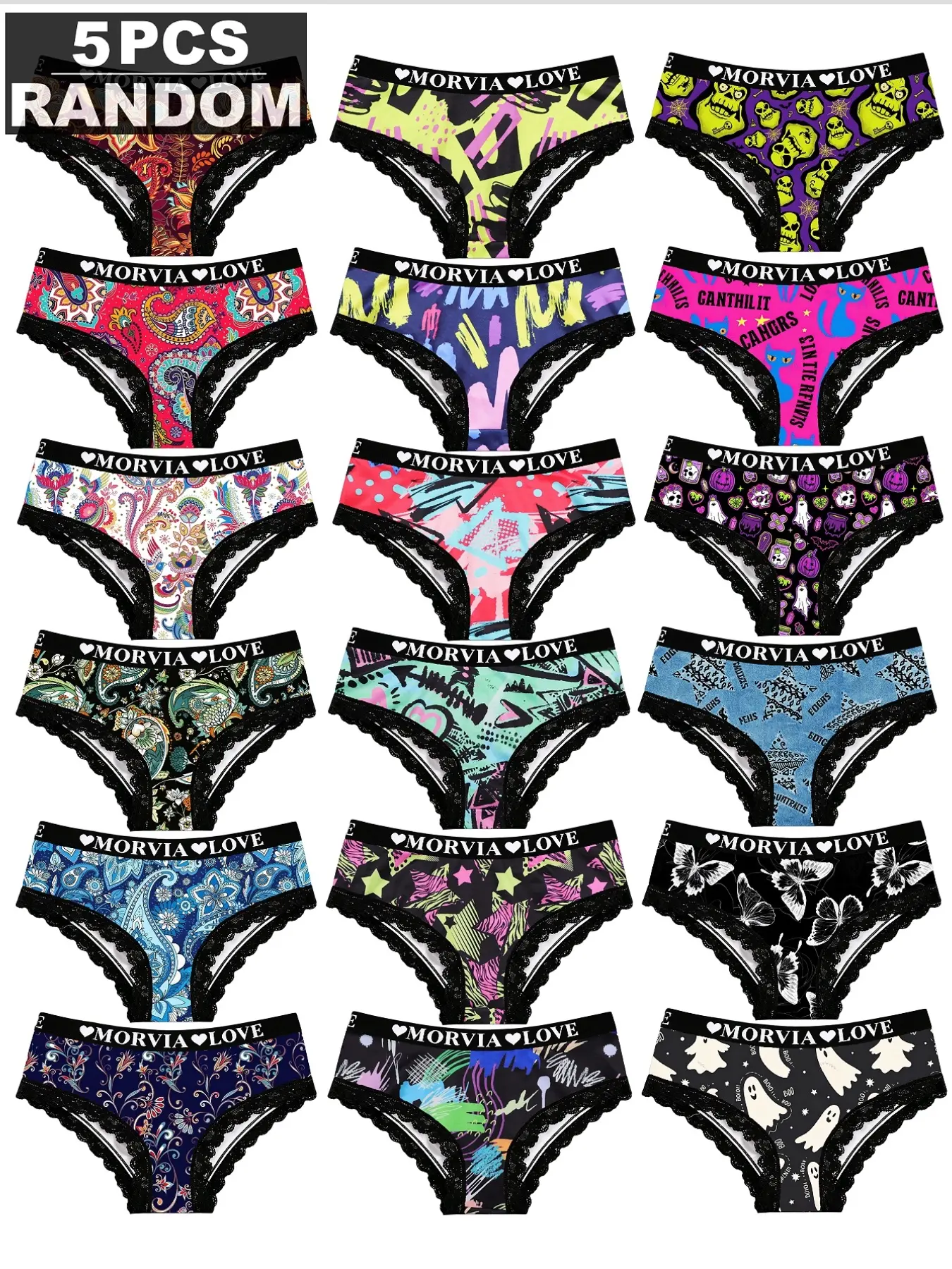 5-Pack Random Gothic Skull Print Briefs | Letter Elastic Waist Lace Trim Women Panties,Stretch Letter Waistband No Roll Briefs, Lace Edge Fashion Printed Ladies Underwear, Casual Fitted Underwear,#GothUnderwear #HalloweenPanties #LaceBriefs #Y2KLingerie