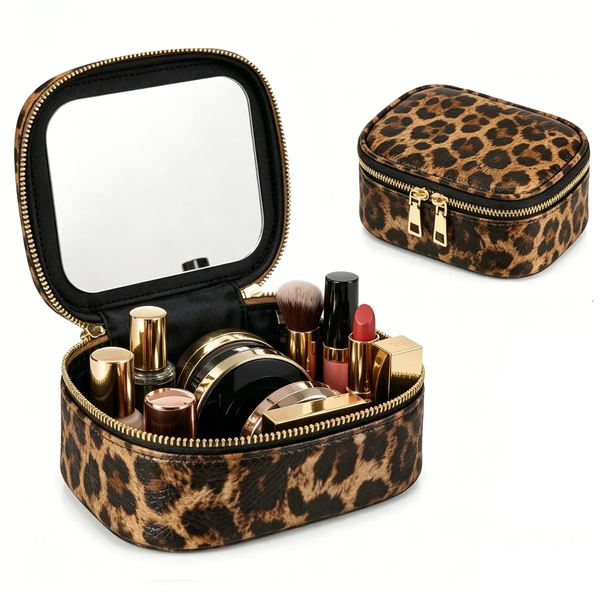Small Cosmetics Bag Travel Case with Mirror, Waterproof Cosmetic Organizer, Portable Artist Storage, Mini Travel Makeup Box, PU Leather