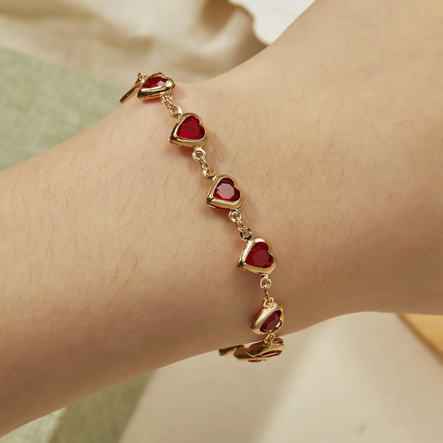 Elegant Red Crystal Zircon Metal Chain Bracelets for Women Colorful Heart Bracelets Party Wedding Girl Wrist Jewelry Gift