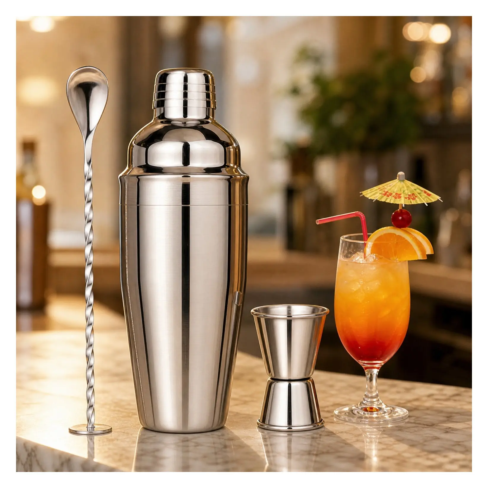 24oz Cocktail Shaker Set - Professional 18/8 Stainless Steel Bartender Kit with Martini Shaker, Margarita Mixer, Measuring Jigger & Mixing Spoon for Mixed DrinksGift