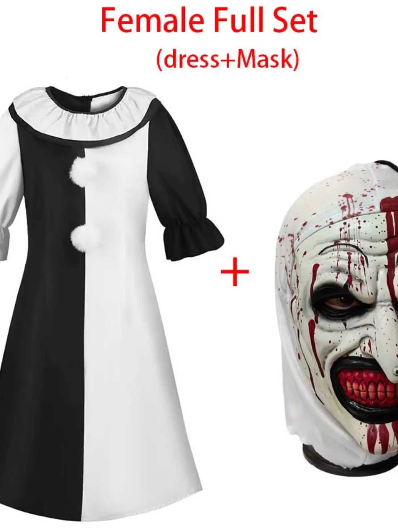Adult Women Scary Clown Cosplay Costume, Art The Clown Dress with Full Head Mask, Terrifier 2 Classic Horror Outfit for Halloween Party