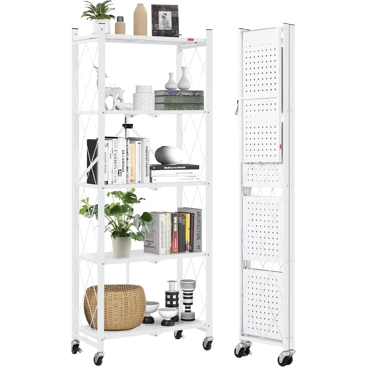 5-Shelf Folding Bookcase with Wheels, Rolling Bookshelf Heavy Duty Storage Shelves, Freestanding Metal Wire Shelving Unit for Living Room, Office, Kitchen, Basement, Pantry (White)