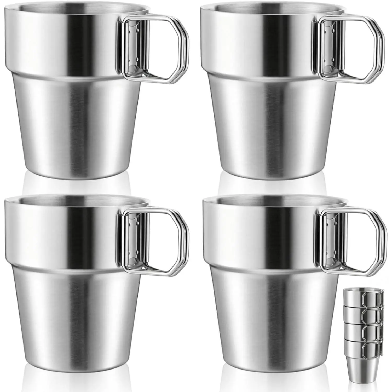 Stainless Steel Camping Cups, 4 Pack 11 Oz, Fold Handles Double-wall Metal Camping Mugs, Stacakable Coffee Tea Cups for Travel, Hiking, Party, Good Heat Retension