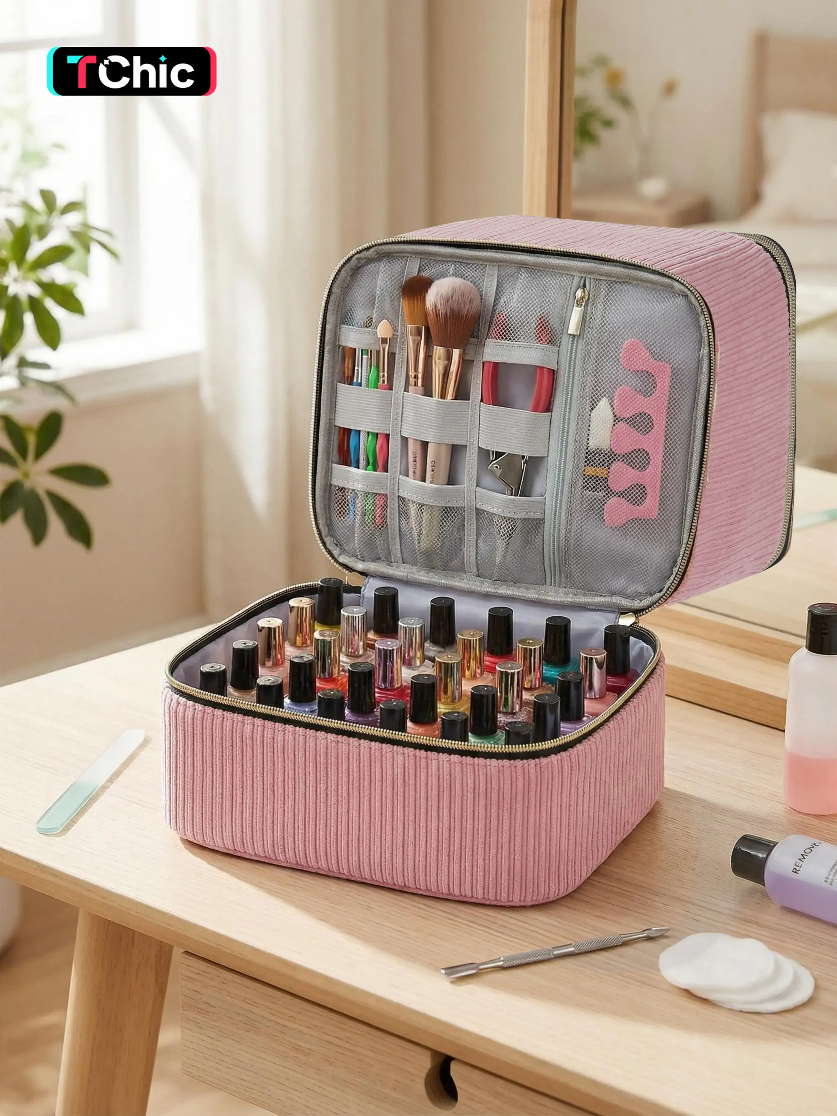 Velvet Nail Polish Storage Box & Manicure Lamp Organizer, Makeup Cosmetic Organizer, Cosmetic Tools Organizer, Beauty Organizer, Holds 30 Bottles (15ML), Portable Case with Tool Compartments