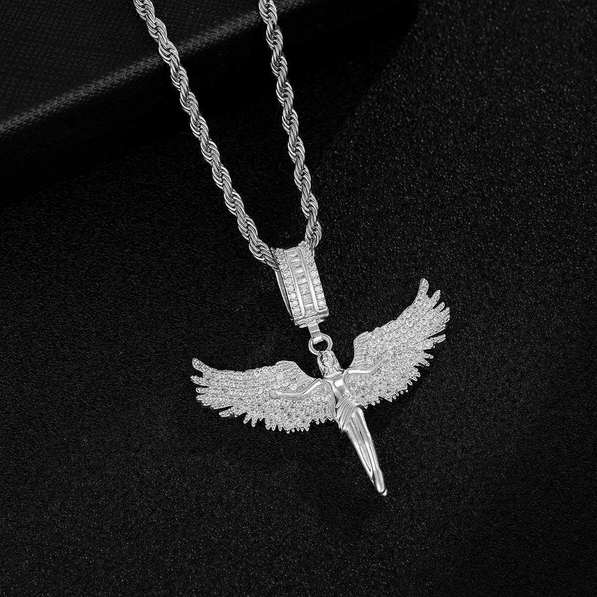 Full of Diamonds Angel Muse Spreads Wings Three-dimensional Feathers Fallen Angel Pendant | Hip Hop Trend Sweater Chain for Men and Women | Dainty Gold Initial Letter Necklace | Stylish Daily Wear Jewelry & Perfect Gift for Him