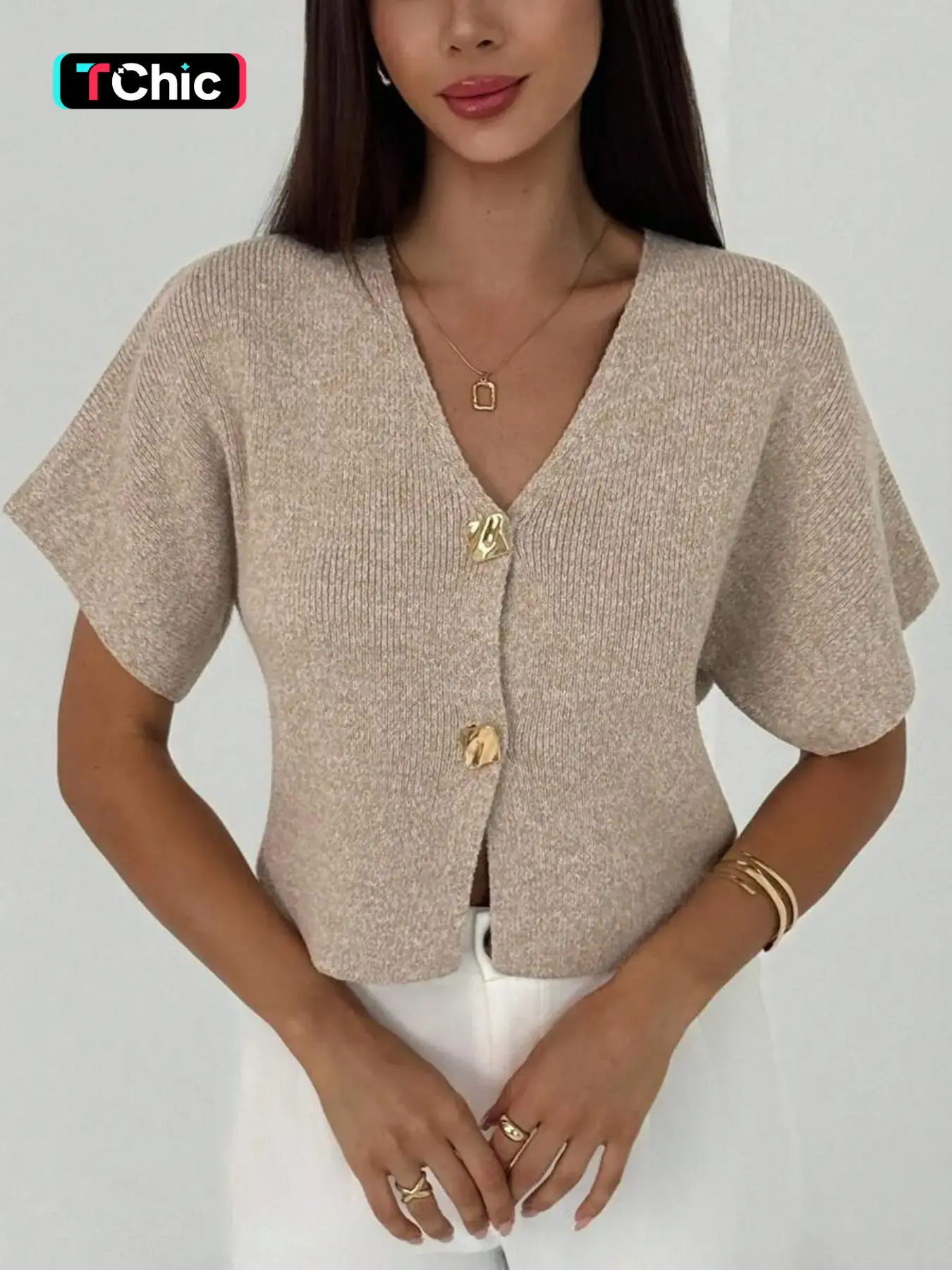 Women's Short Sleeve Button Front Knit Cardigan V Neck Casual Spring Summer Daily Commute Work Minimalist Fashion Basic Lightweight Knit Cardigan, Stylish & Comfortable Design, Women Summer Casual Chic Knitwear Fabric, Casual Knit Tops