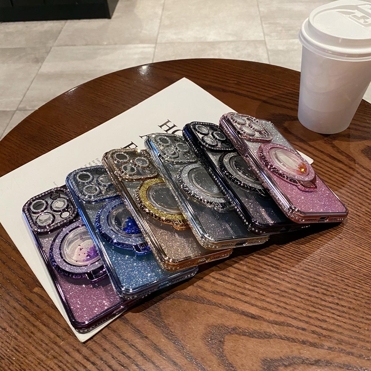 OREKROY Glitter Kickstand Case for iPhone 16 15 Pro Max 16 Plus 15/14/13/12, Luxury Bling Sparkly Diamond Rhinestones with Camera Protector Liquid Flowing Ring Stand TPU Bumper Women Girls Case Gift