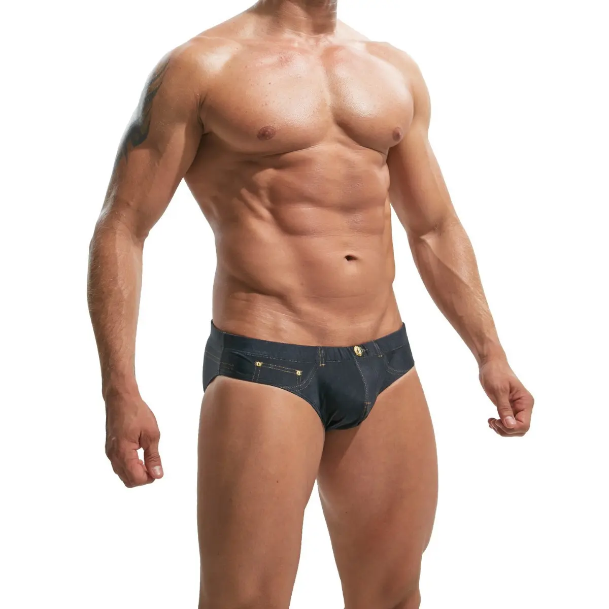 2026 New Men's Denim Print Triangle Swim Briefs with Drawstring Waist Quick Dry Low Rise Beach Pool Surfing Swimwear US Design travelessentials