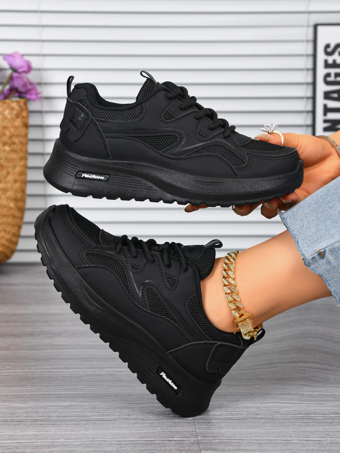 Women's Patchwork Mesh Synthetic Leather Lace-Up Thick Soled Trainers Dad Shoes, Trainer, Low Top Solid Color Casual Sports Shoes, All-Season Daily Wear