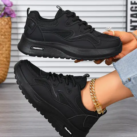 Women's Patchwork Mesh Synthetic Leather Lace-Up Trainers, Thick Soled Dad Shoes, Low Top Solid Color Casual Sports Shoes, Walking Shoes, All‑Season Everyday Wear