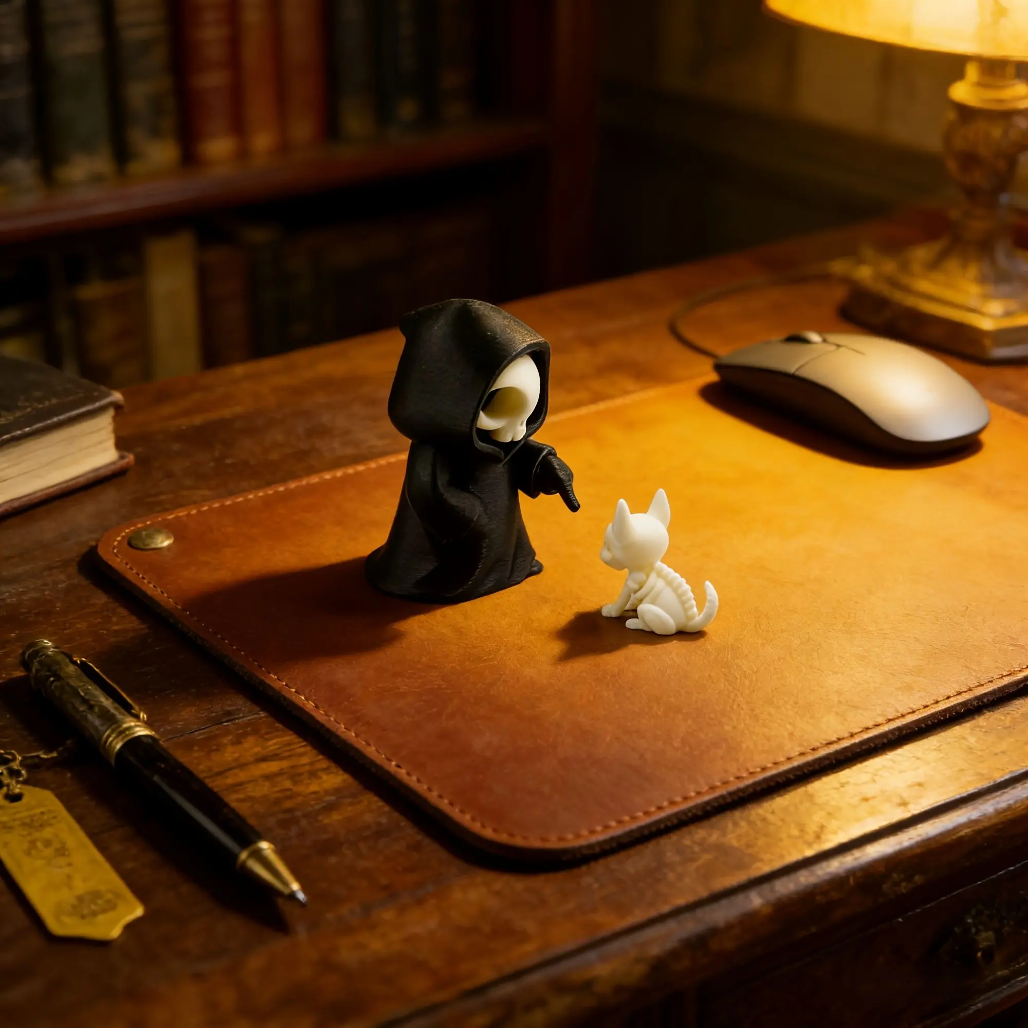 Collectible Figurine Set: Cute Grim Reaper & Skeleton Dog Companion, Gothic Fun Desktop Decor, Desktop Ornament, Unique Holiday Gift for Home & Office, Dark Figure Decor, Figurine Collectibles